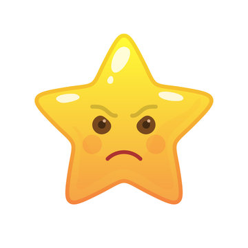 Angry star shaped comic emoticon. Enraged face with facial expression. Frenzied emoji symbol for internet chatting. Funny social communication animated character. Mood message isolated vector element