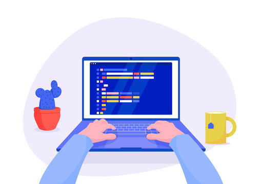 Man programmer working on computer with code on screen illustration. Programmer working writing code. 