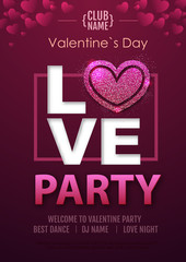 Happy Valentines Day disco party typography poster with love heart