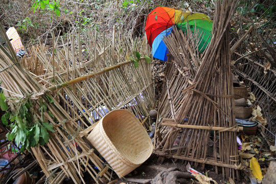 Bamboo cages covering the deceased, Cemetery in Trunyan village, Lake Batur, Bali, Indonesia