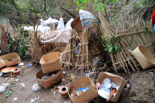 Bamboo cages covering the deceased, Cemetery in Trunyan village, Lake Batur, Bali, Indonesia