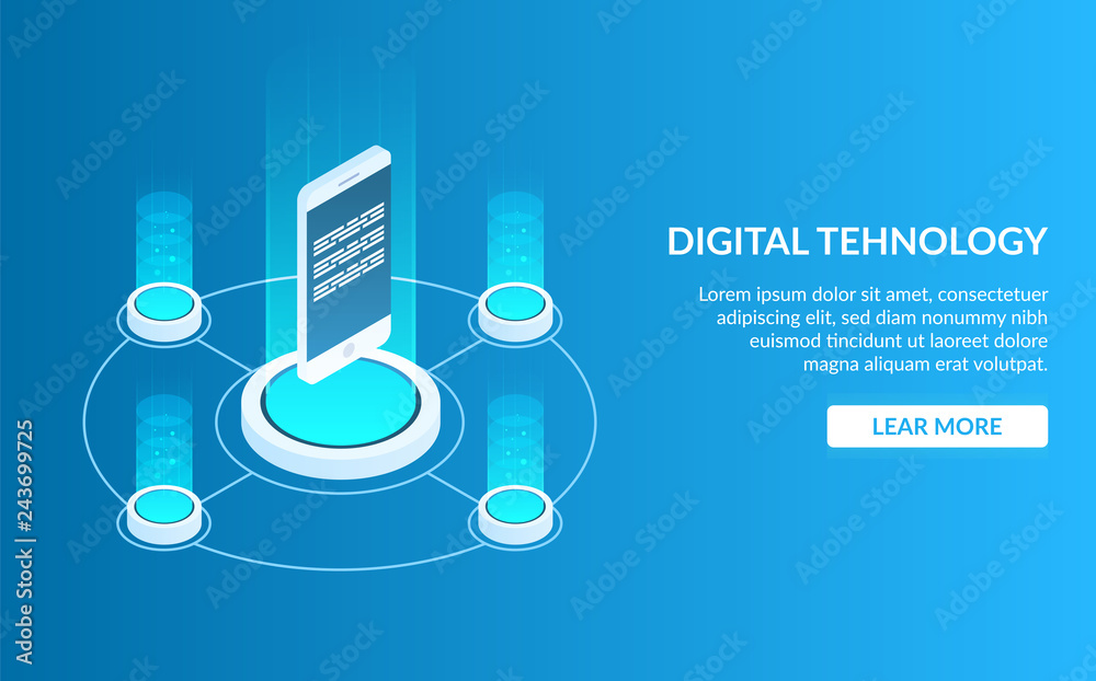 Poster concept image of digital technology. mobile phone or smartphone. development of a mobile application