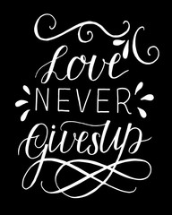 Hand lettering Love never gives up on black background.