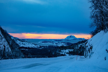 Fototapeta premium Sunset in the mountains, winter in Brønnøy municipality