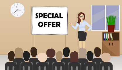 Business woman stands near presentation board with text Special offer