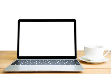 Fototapeta premium Front view of laptop mockup and coffee cup on white