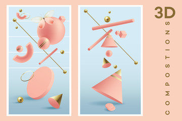 Vertical banners with 3d renderings of dynamic abstract geometric compositions in coral and blue color combinations with golden finishes.