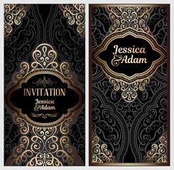 Black and gold luxury wedding invitation card with golden shiny eastern and baroque rich foliage. Ornate islamic background for your design. Islam, Arabic, Indian, Dubai.