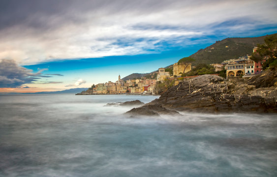 Long exposure sunset on Bogliasco coastline