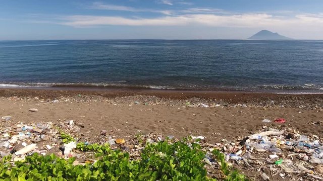 Plastic pollution on beach by drone in Indonesia