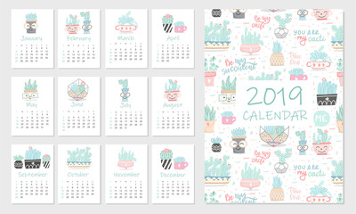 Fototapeta na wymiar Calendar 2019. Set of cute hand 12 illustrations with succulents