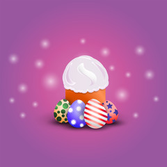 Easter cake with white cream c and Easter eggs on gradient purple background-vector illustration
