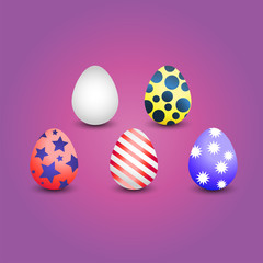 Collection of different colored Easter eggs with patterns of stars, stripes, spots, snowflakes - vector illustration