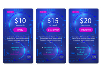 Three tariffs. interface for the site. Future technology banner .Pricing Table.