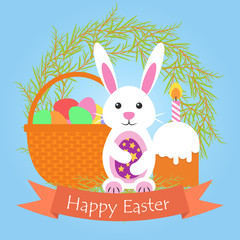 Vector illustration of Easter Bunny basket with eggs, Easter cake with candles on the background of a wreath of willow