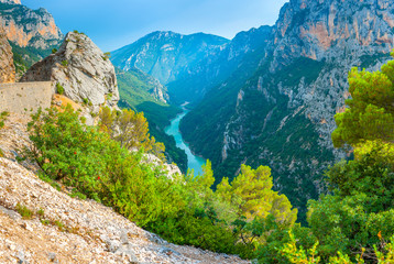 France Provence, Verdon Gorge in the French Alps. Turquoise river flowing along the bottom of the...