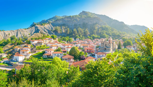 small resort village in Greece in the rays of the morning sun
