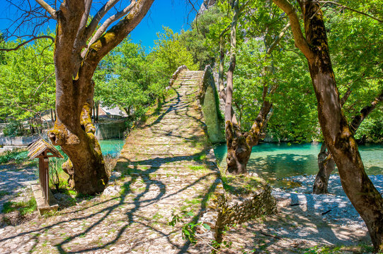 View of the old stone bridge Noutsos located in central Greece, Europe