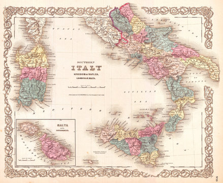 1855, Colton's Map of Southern Italy, Sicily, Sardinia and Malta