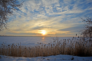 Winter rural landscape. Lake in winter.
