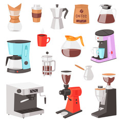 Coffee machine vector coffeemaker and coffee-machine for espresso drink with caffeine in cafe illustration set of professional equipment making cappuccino beverage isolated on white background