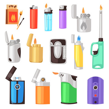 Lighter vector cigarette-lighter with fire or flame light to burn cigarette illustration set of flammable smoking equipment isolated on white background