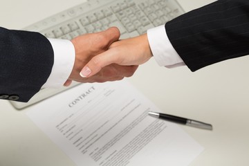 Closeup of Businessman and Businesswoman Shaking Hands with
