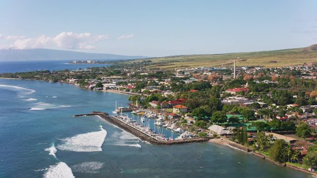 Maui, Hawaii circa-2018.  Aerial view of Lahaina, Maui.  Shot with Cineflex and RED Epic-W Helium. 