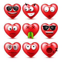 Obraz premium Heart Smiley Emoji Vector Set For Valentines Day. Funny Red Face With Expressions And Emotions. Love Symbol.