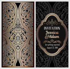 Black and gold luxury wedding invitation card with golden shiny eastern and baroque rich foliage. Ornate islamic background for your design. Islam, Arabic, Indian, Dubai.