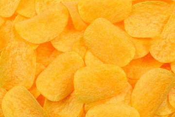 .Potato chips snack texture background. Top view.