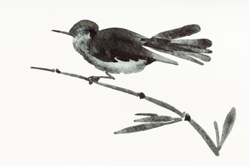 Naklejka premium bird on bamboo twig is hand drawn on creamy paper