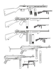 Graphic black and white detailed old retro submachine guns with ammo clip. Isolated on white background. Vector icon set.