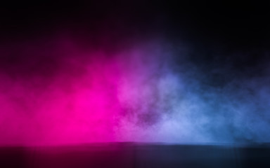 Empty scene  with glowing pink and blue smoke environment atmosphere on floor.  Fashion vibrant colors spectrum background. 3d rendering.
