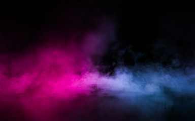 Empty scene  with glowing pink and blue smoke environment atmosphere on floor.  Fashion vibrant colors spectrum background. 3d rendering.