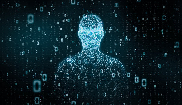 Futuristic digital particle Human face with number. Future artificial intelligence technology concept background. 3d rendering