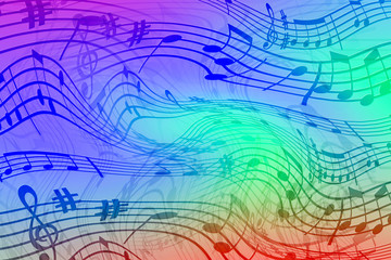 Abstract colored background on the theme of music. Background of wavy and colored stripes. Background of stylized musical notes