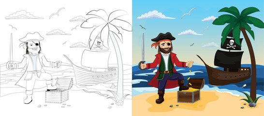 Children coloring book with example of painted image. Pirate stands with treasure chest. Pirate ship on the seashore. Isolated outline vector illustration