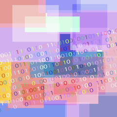  Background with binary code and geometric shapes of different colors.