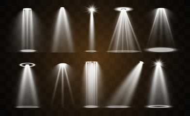 Stage lighting, a collection of transparent effects. Bright lighting with spotlights. Vector illustration. 