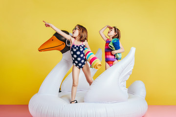 Twin sisters in swimwear on inflatable flamingo looking away