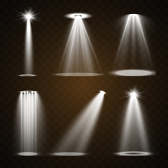 Stage lighting, a collection of transparent effects. Bright lighting with spotlights. Vector illustration. 