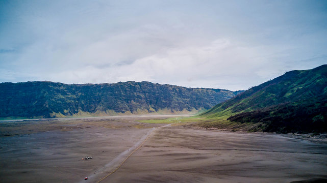 Cars parked at the base of Mount Bromo, Malang, East Java, Indonesia