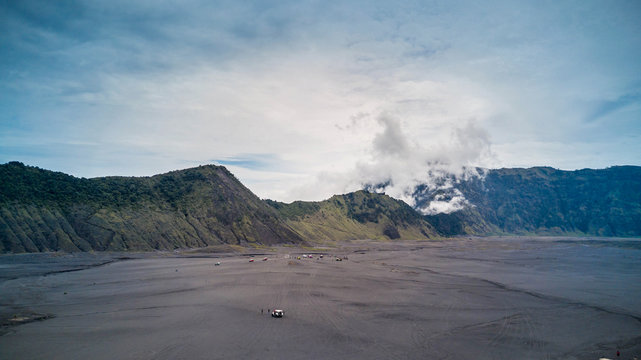 Cars parked at the base of Mount Bromo, Malang, East Java, Indonesia