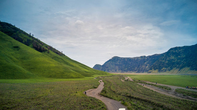 Cars parked at the base of Mount Bromo, Malang, East Java, Indonesia