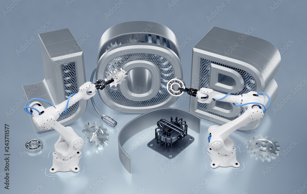 Fototapete robotics job. industrial robotic manipulators, assemling word of job from mechanical parts. 3d rende