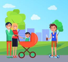 Student in City Park and Family with Pram Vector