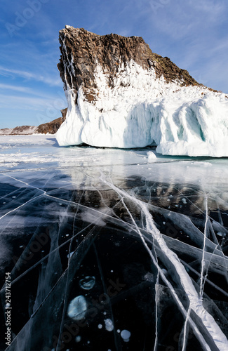 "lake baikal in winter beautiful transparent ice with