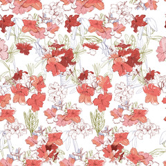 Materiał do szycia illustration of seamless pattern with branch pink rhododendron. Hand drawn flowers for textile and background. Engraved botanical art.