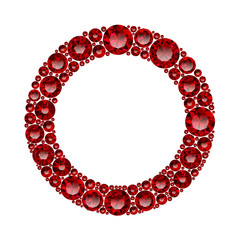 Round frame made of realistic red rubies with complex cuts isolated on white background. Jewel and jewelry. Colorful gems and gemstones. Magna, royal, zinnia, trap, single, swiss, sphere, zircon.